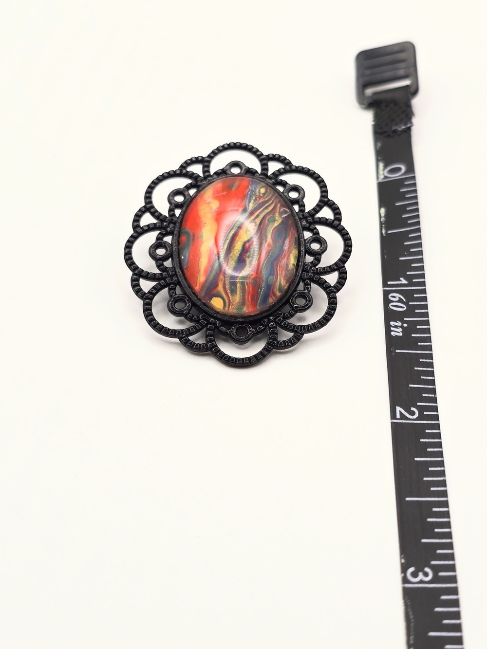 Black Filigree Brooch with Multicolor Oval Cabochon - Picture 4 of 4